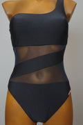 Bañador negro asimétrico con tul transparente con brillo negro copa B