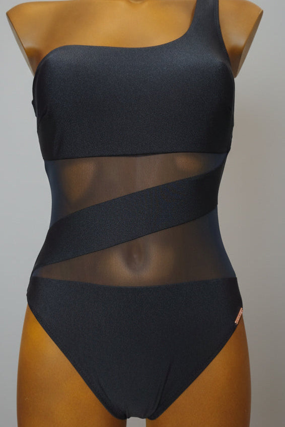 Bañador negro asimétrico con tul transparente con brillo negro copa B