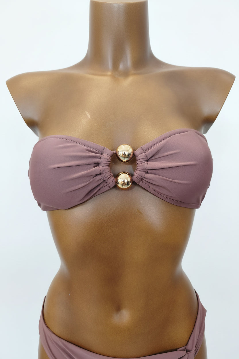 Conjunto de bikini bandeau marfil y marrón copa B