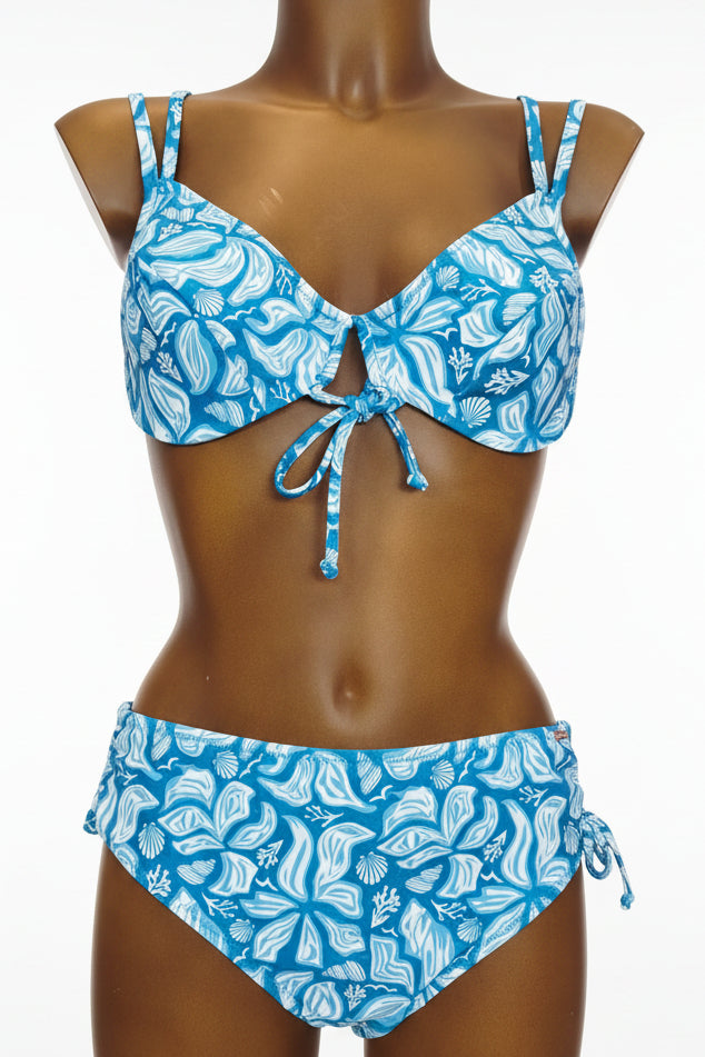 Conjunto de bikini moldeador reductor de pecho flores azul copa C