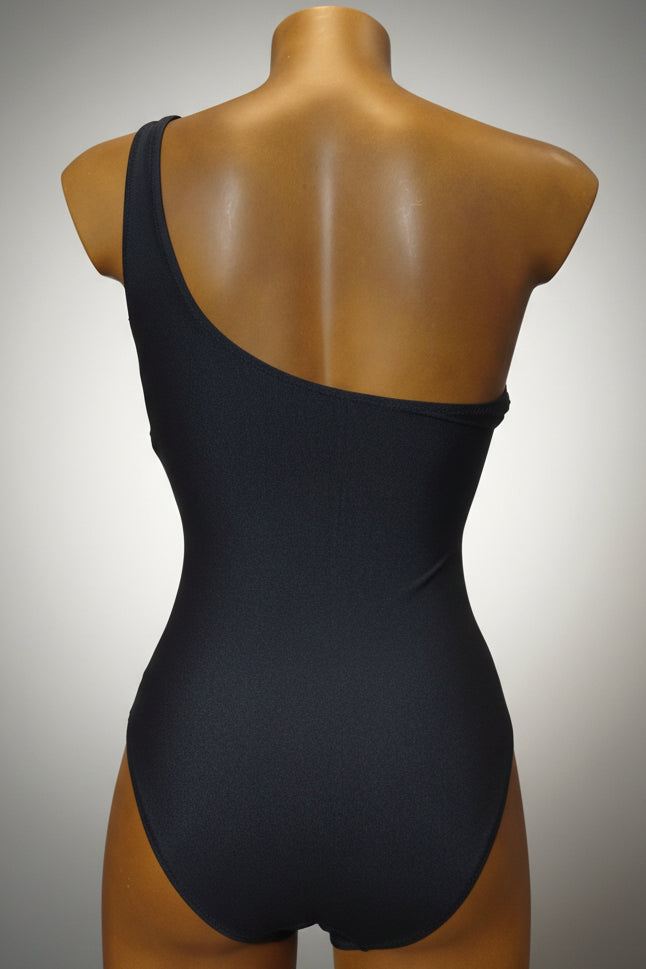 Bañador negro asimétrico con tul transparente con brillo negro copa B