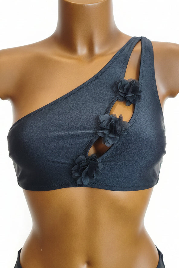 Conjunto de bikini top asimétrico y braga brasileña con brillo negro copa B